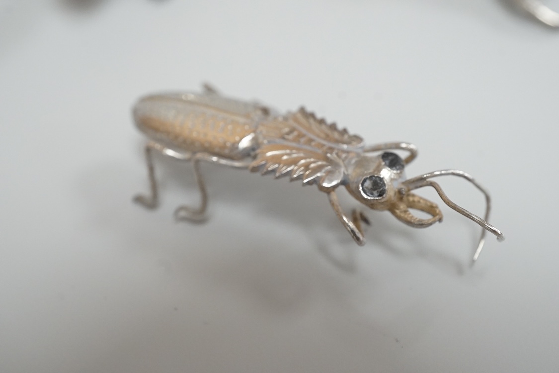 A group of nine assorted Indian white metal miniature model insects and reptiles, etc. including a King Cobra, scorpion, lizards, turtle, butterfly and crab etc.